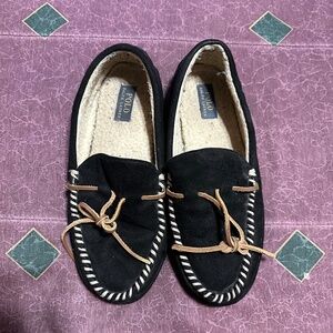 Men's 10 - Polo Ralph Lauren Black Faux Suede Slippers Sherpa Lining SMF1207ARL